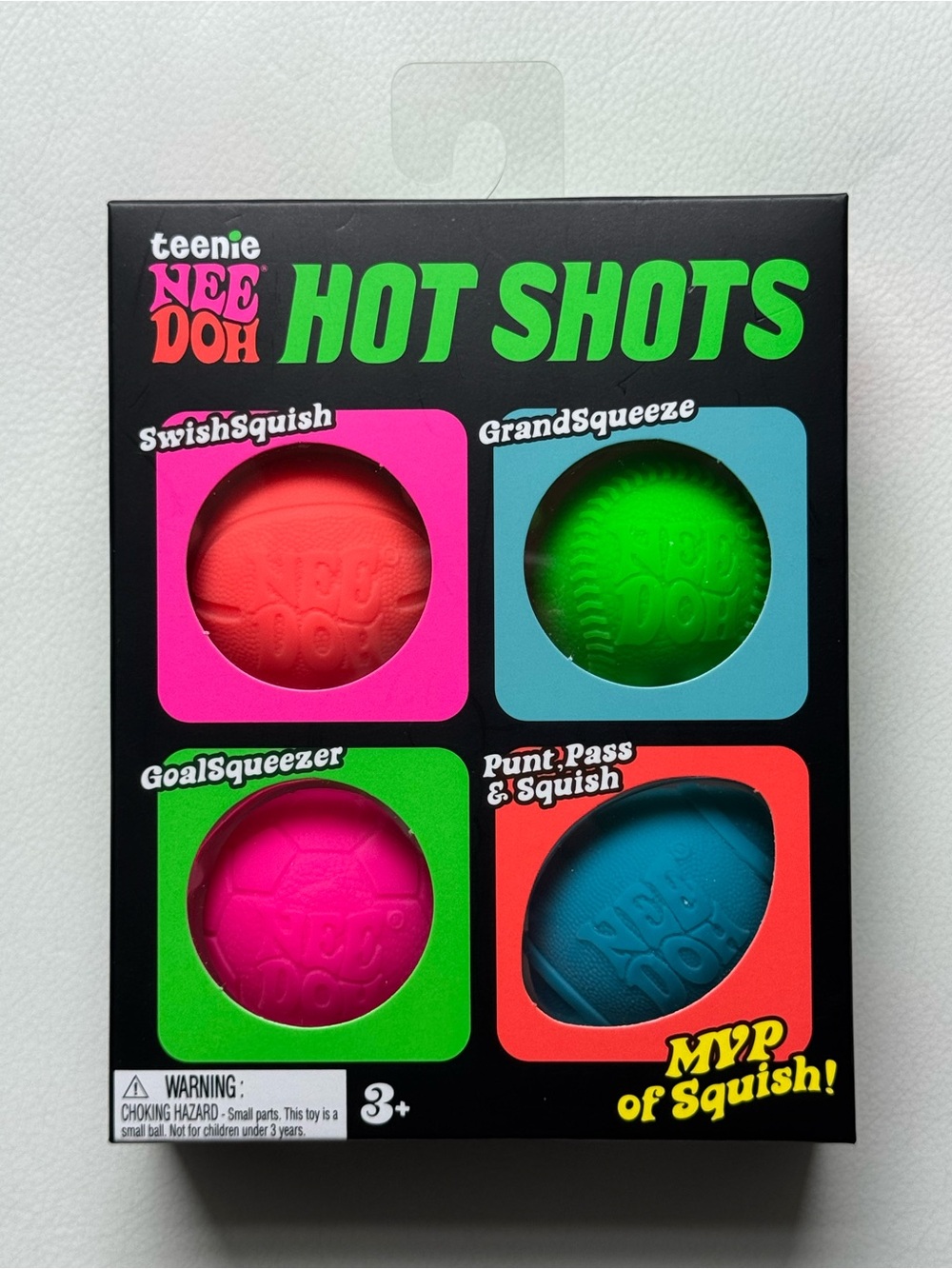 Needoh Hot Shots Teenie 4 pack Squishy Squeezy Fidget Toy Pink Blue Football